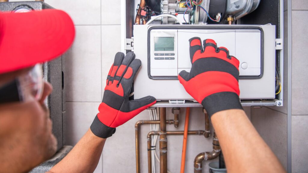 red black glove hands service man water heater gas