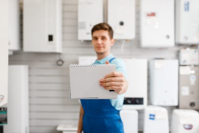 man hand extend note heater store