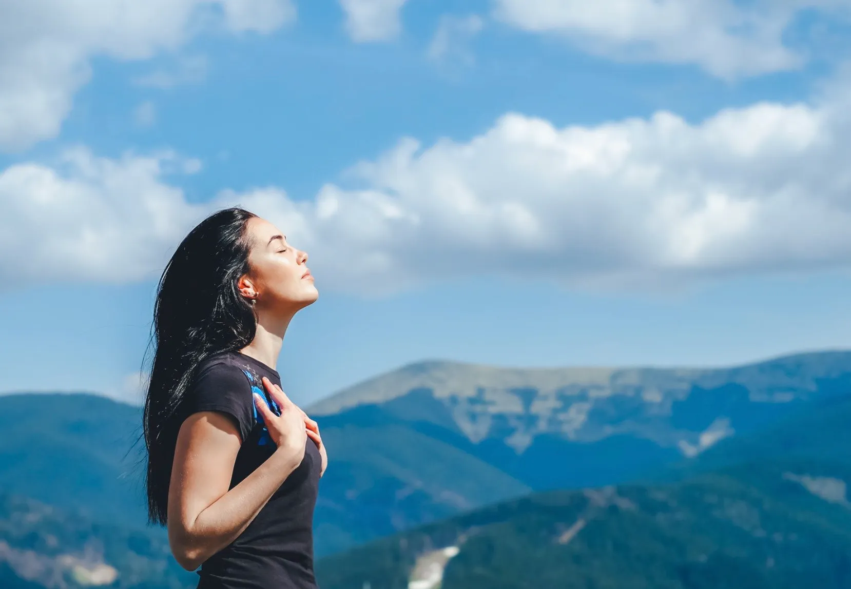 breathe better air lady mountains cloud blue sky